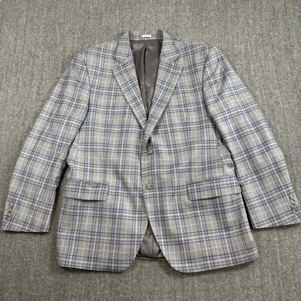 Peter Millar Mens 46R Wool Sport Coat Blazer Gray Blue Plaid Made in Canada
